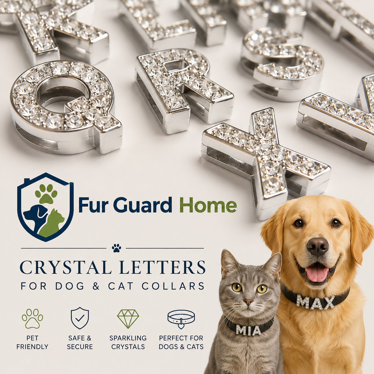 FurGuardHome Personalized Crystal Letter Charms for Cats and Dogs Collars 10mm - Silver
