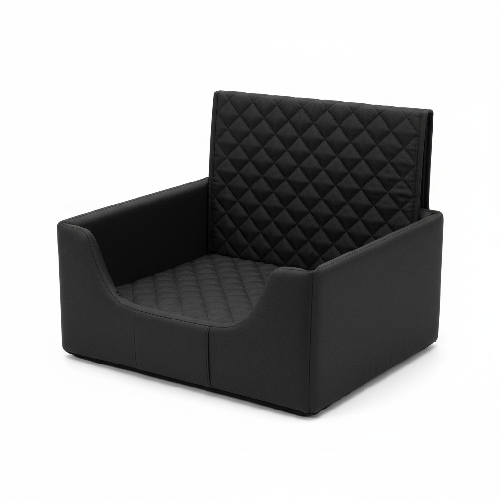 Black quilted dog car seat booster on white background