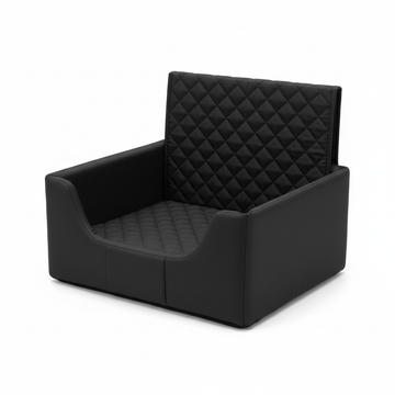 Black quilted dog car seat booster on white background