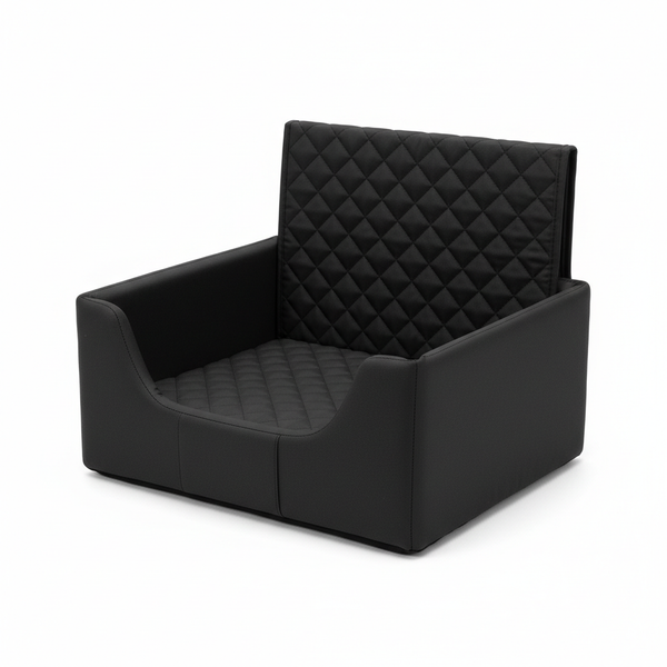 Black quilted dog car seat booster on white background