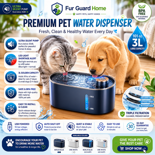 FurGuardHome 3L Water Fountain Filter Automatic Drinker For Dogs and Cats Ultra-Quiet Water Dispenser With LED Light
